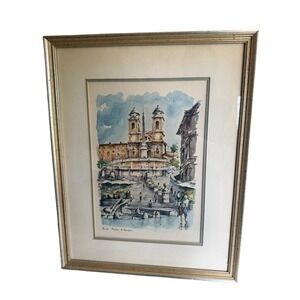 J. Bottell Original Watercolor Rome Piazza di Spagna Framed Italian Cityscape